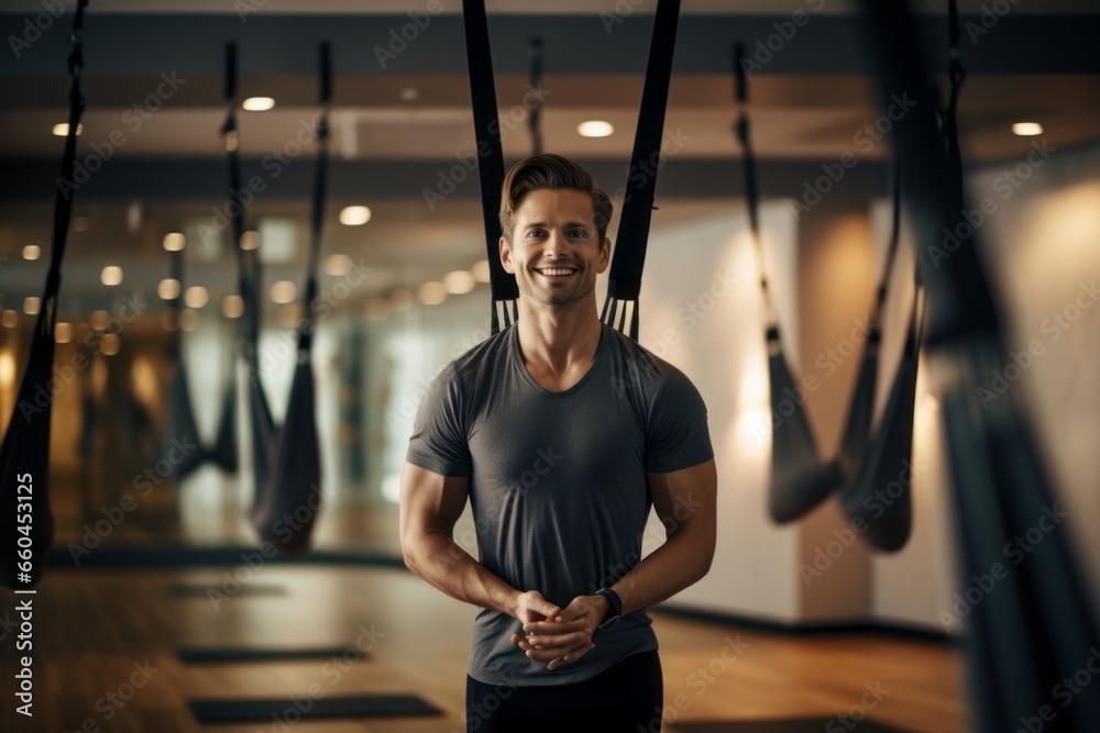 Lifestyle portrait photography of a satisfied boy in his 30s doing aerial yoga in a studio. With generative AI technology - obrazy, fototapety, plakaty 
