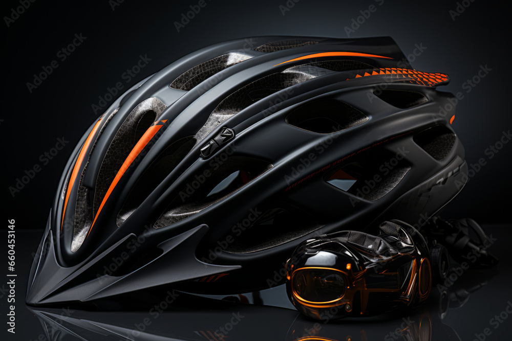 Fototapeta premium Cycling helmet and bike gloves, illustrating gear for cyclists, Generative AI