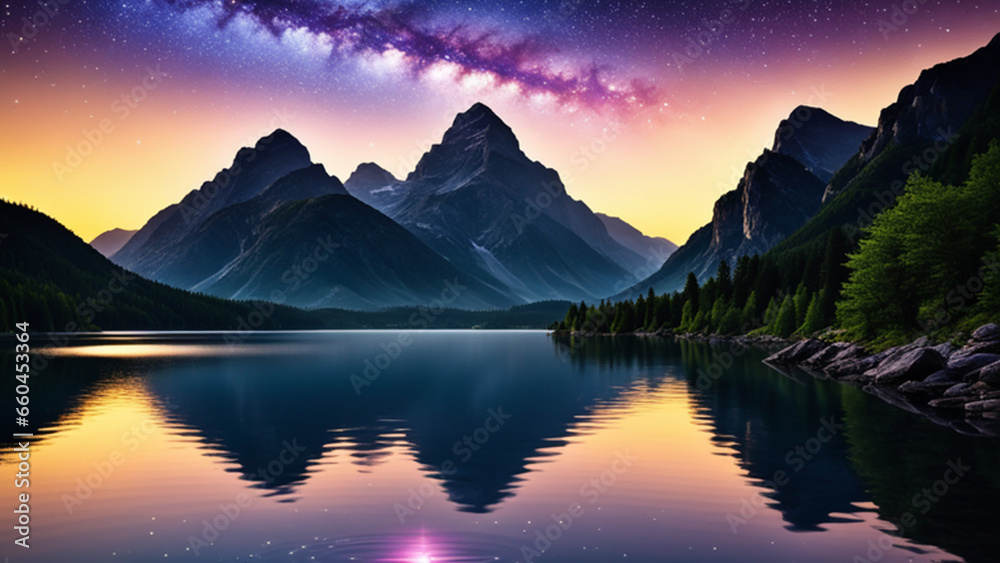Mystical Lake Reflection: Enter a world of magic and mystery with this illustration featuring a tranquil lake reflecting a starry night sky. Generative AI, Generative, AI