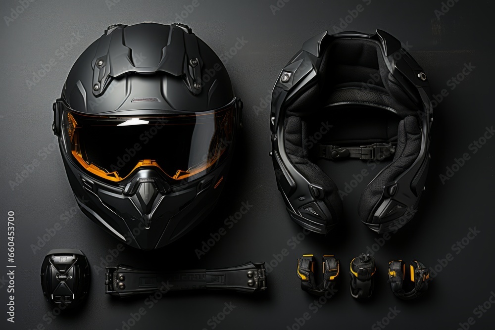  Motorcyclist's racing helmet and armored gloves, representing gear for high-speed rides, Generative AI