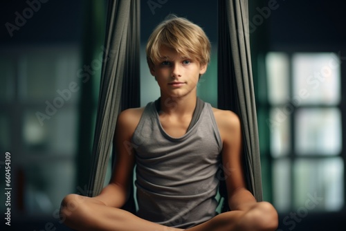 Medium shot portrait photography of an active boy in his 20s doing aerial yoga in a studio. With generative AI technology © Markus Schröder