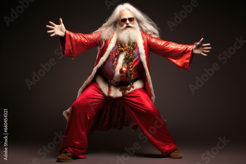 Senior bearded claus with a long hair and beard in christmas costume is dancing on a red background trendy hipster santa claus.