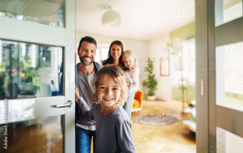 A friendly family welcomes guests at the door of their new home. A young boy holds the door open and smiles at the camera. Behind him we see his smiling family and the bright interior. Generative ai