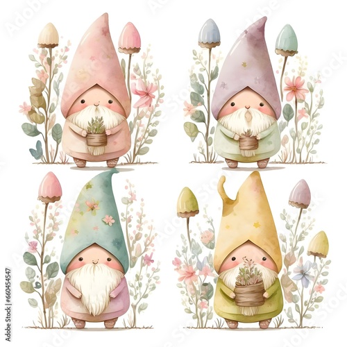 a cute easter day gnome collection on white background with margins watercolor soft boho colors 