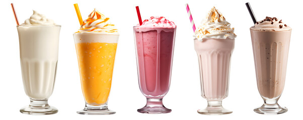 Milkshake Smoothie in cup on transparent background cutout, PNG file. Many assorted different flavour. strawberry, raspberry, orange, vanilla, chocolate, coconut. Mockup template for artwork design