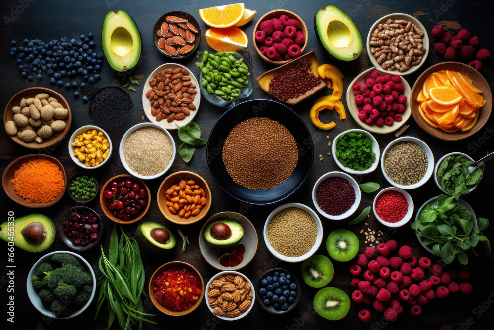 Healthy food, spices with fruits and vegetables Healthy food, spices with fruits and vegetables
