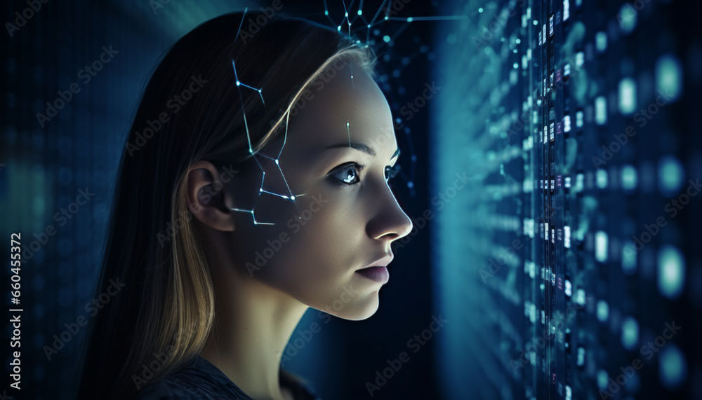 Beautiful women looking at big data wave from big screen. Beautiful women looking at big data wave from big screen.