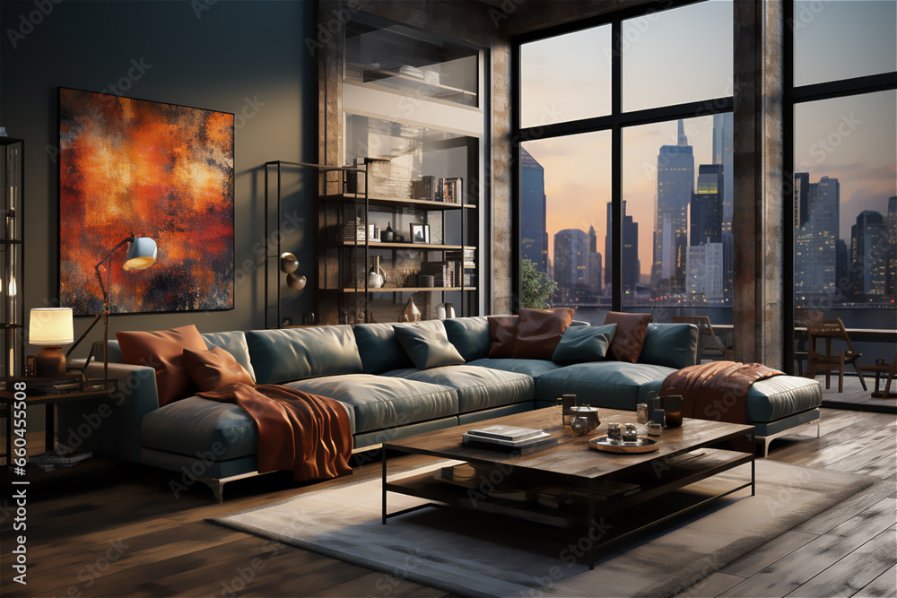 Image showcasing Urban Minimalism. A city apartment interior with floor-to-ceiling ...