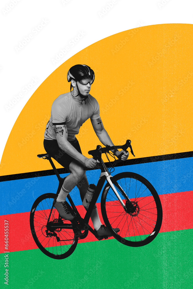 Obraz premium Young man in helmet and goggles riding bicycle over multicolored background. Marathon. Creative art collage. Concept of professional sport, competition and match, dynamics. Poster, ad
