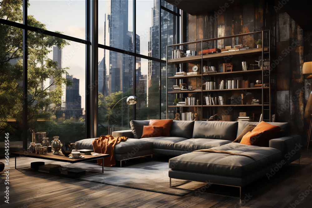Urban Minimalism. A city apartment interior with floor-to-ceiling windows, minimalist furniture, and industrial accents, blending modern design with urban aesthetics Urban Minimalism. A city apartment interior with floor-to-ceiling windows, minimalist furniture, and industrial accents, blending modern design with urban aesthetics