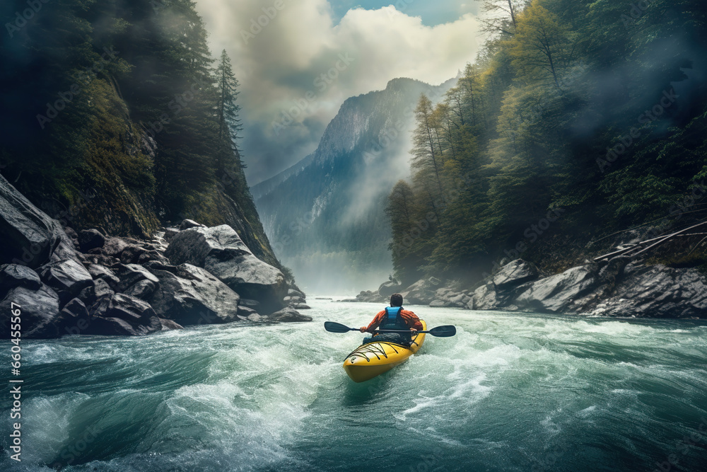 Whitewater kayaking, extreme kayaking. A guy in a kayak sails on a mountain river. - obrazy, fototapety, plakaty 