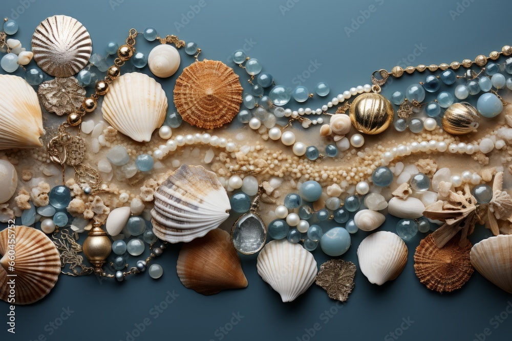Beach lover's seashell and beach-themed jewelry, invoking memories of seaside vacations, Generative AI Beach lover's seashell and beach-themed jewelry, invoking memories of seaside vacations, Generative AI
