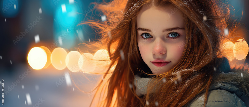 a young girl looking towards light in winter snow