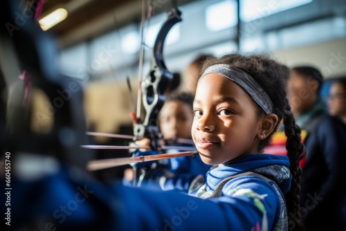 Medium shot portrait photography of a tired kid female practicing archery in a shooting range. With generative AI technology photo