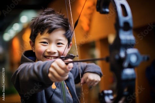 Close-up portrait photography of a fitness kid male practicing archery in a shooting range. With generative AI technology photo
