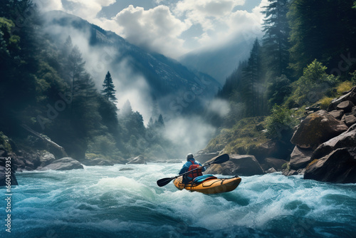 Whitewater kayaking, extreme kayaking. A guy in a kayak sails on a mountain river.