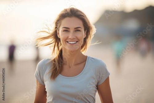 Free Download Medium shot portrait photography of a satisfied girl in her 30s jogging on the beach. With generative AI technology - GFXLoad