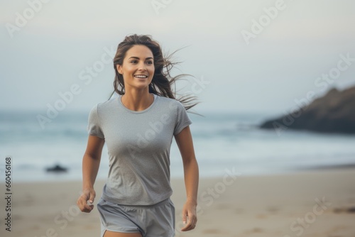 Medium shot portrait photography of a satisfied girl in her 30s jogging on the beach. With generative AI technology