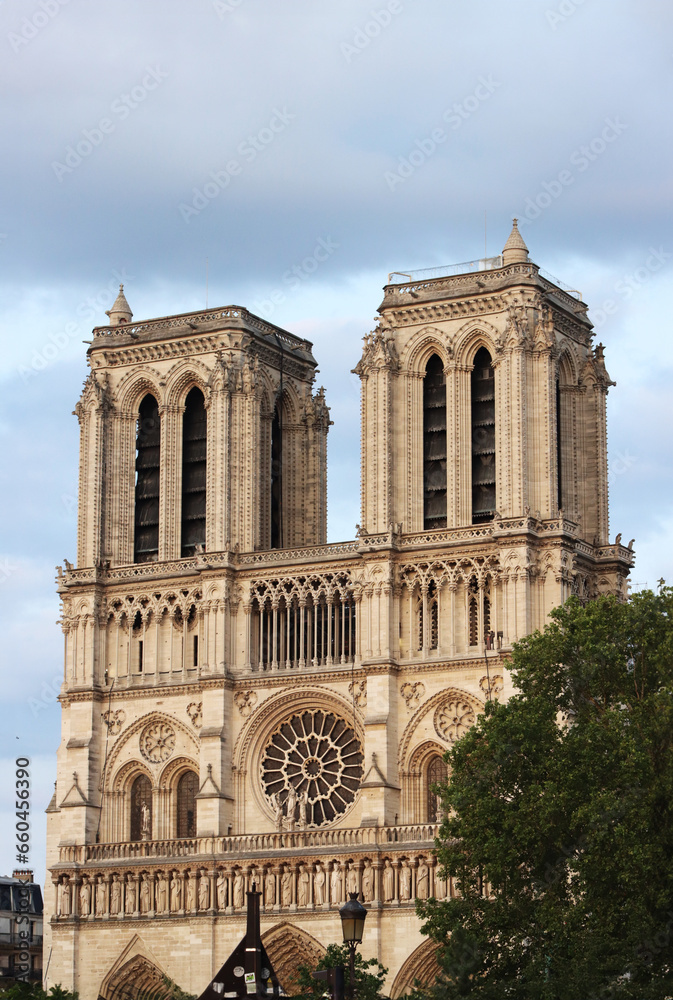 Facade of Notre Dame Cathedral during restoration work. Paris, France 