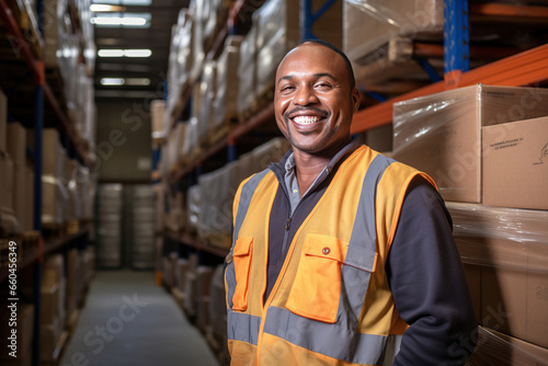 warehouse worker posing at work while smiling at the camera