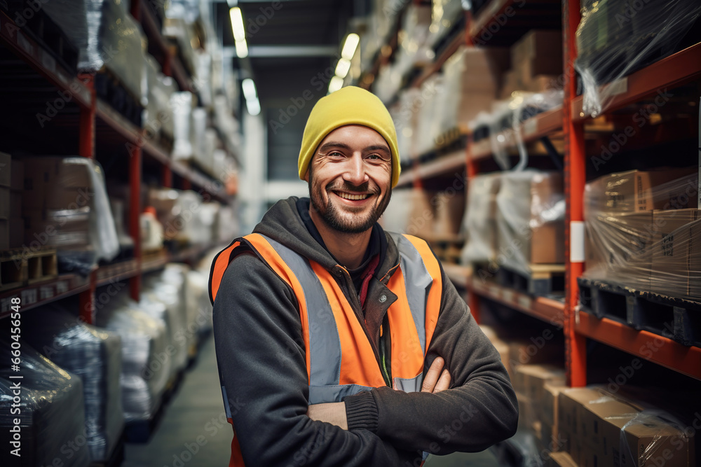 warehouse worker posing at work while smiling at the camera