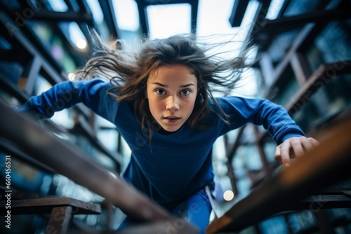 Conceptual portrait photography of an energetic kid female doing parkour in the city. With generative AI technology