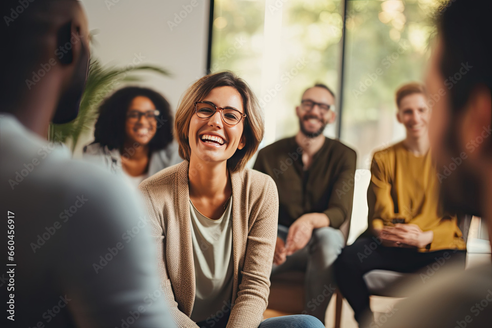 Group therapy and support. The focus is on a young Caucasian woman in eyeglasses. A group of people around support her. She is happy. - obrazy, fototapety, plakaty 