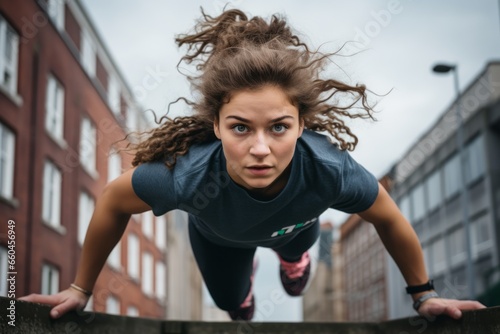 Lifestyle portrait photography of a determined girl in her 20s doing parkour in the city. With generative AI technology