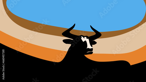 bull in the arena, landscape, flat vector illustration