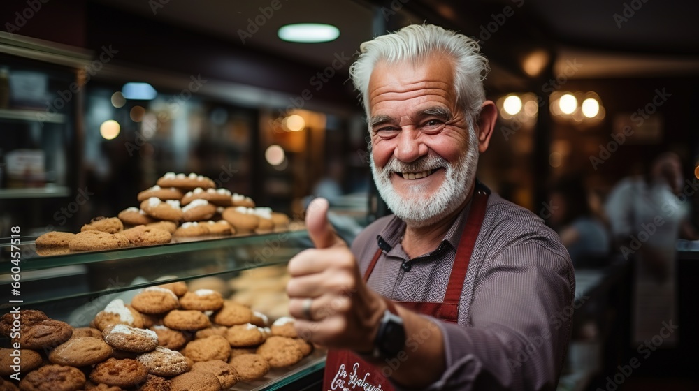 Happy 50 year old man with a beard shopkeeper in a pastry shop showing off cookies and thumb up gesture Happy 50 year old man with a beard shopkeeper in a pastry shop showing off cookies and thumb up gesture