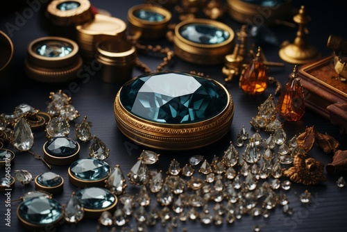  Jewelry appraisal process with a magnifying glass, scales, and certificates, illustrating the value of precious gems, Generative AI