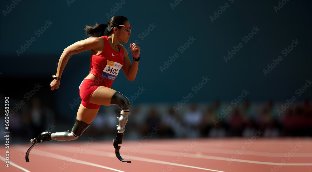 concept banner. photo of a girl athlete without legs with prosthetics instead of legs participating in the Olympic Games, running a marathon across the stadium copy space