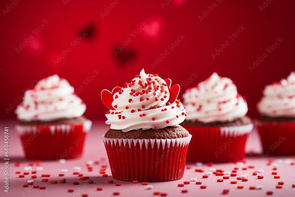 Cupcakes with heart-shaped sugar décor on a red backdrop. Generative AI