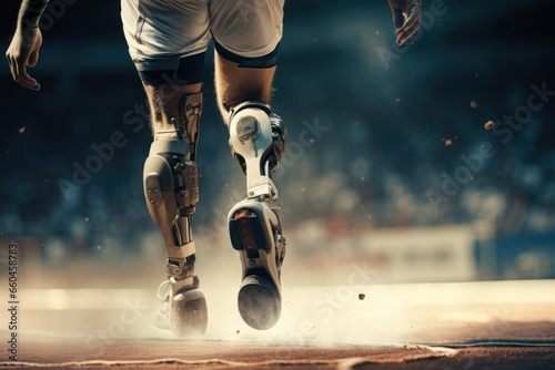 concept banner. photo of a man athlete without legs with prosthetics instead of legs participating in the Olympic Games, running a marathon across the stadium copy space just legs and space for text