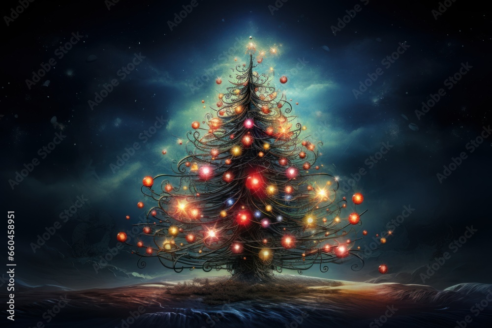vertical  futuristic 3d christmas tree with new year balls on a dark background creative