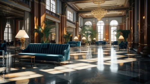 Hotel lobby interior with reception desk  sofas  marble floor and long bar