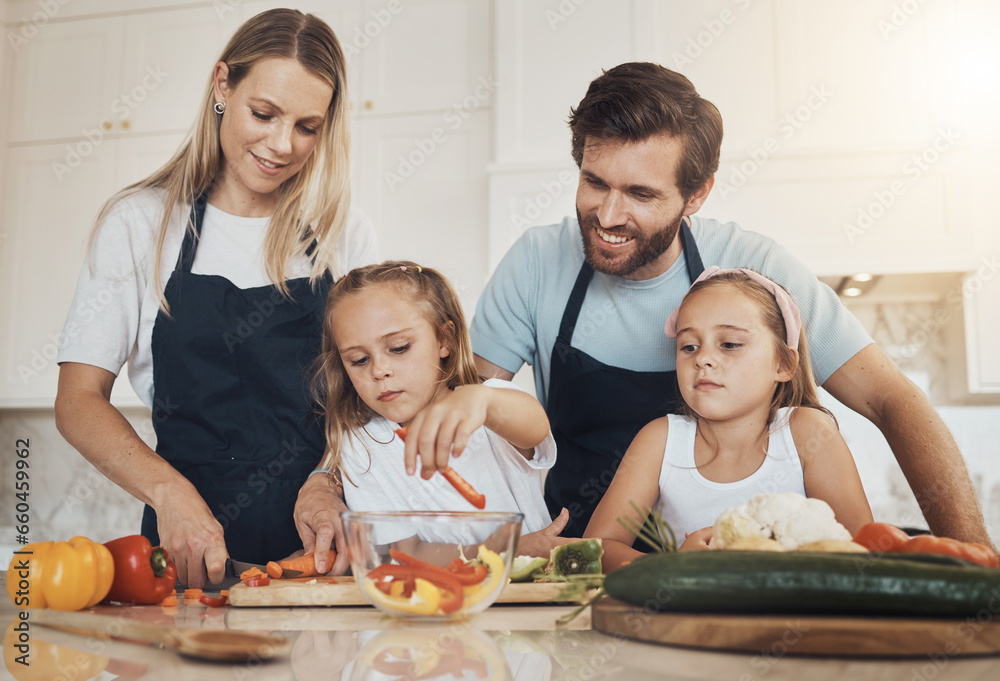 Kitchen, girls and parents with love, cooking and ingredients with support, healthy eating and food. Family, children and mother with father, kids and home with bonding, recipe and teaching with help