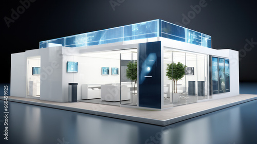 Visualisation vr project, futuristic Commercial stand in exhibition hall or large professional salon ready to receive brands and advertisements photo