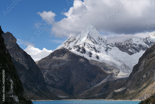 Lake Parón, the largest turquoise lake in the Cordillera Blanca, located in the Peruvian Andes, with the Artesonraju mountain peak (aka “Paramount”) in the background. Huascaran National Park, Peru