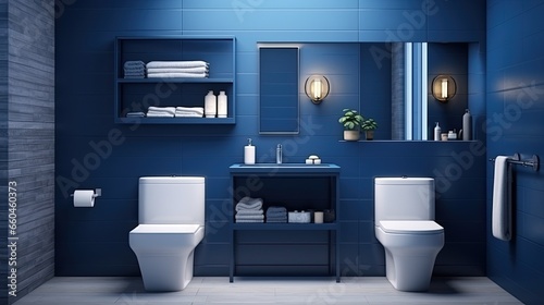 Interior of modern bathroom with blue tile walls  tiled floor  comfortable bathtub and sink with mirror