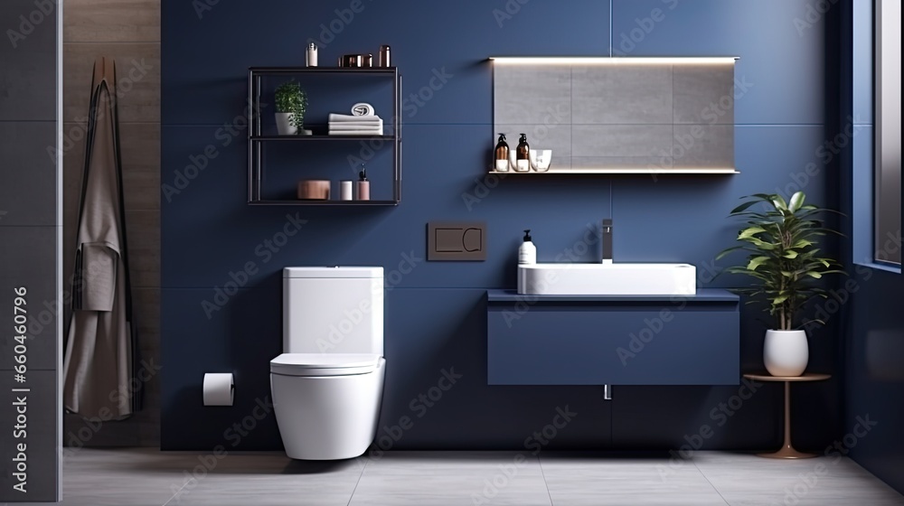 Interior of modern bathroom with blue tile walls, tiled floor, comfortable bathtub and sink with mirror Interior of modern bathroom with blue tile walls, tiled floor, comfortable bathtub and sink with mirror