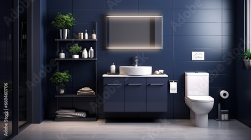 Interior of modern bathroom with blue tile walls  tiled floor  comfortable bathtub and sink with mirror