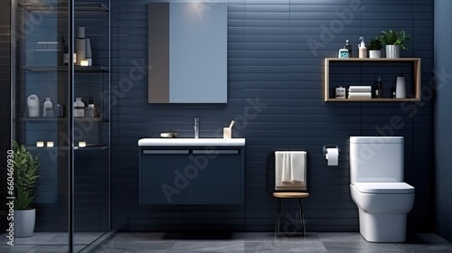 Interior of modern bathroom with blue tile walls  tiled floor  comfortable bathtub and sink with mirror