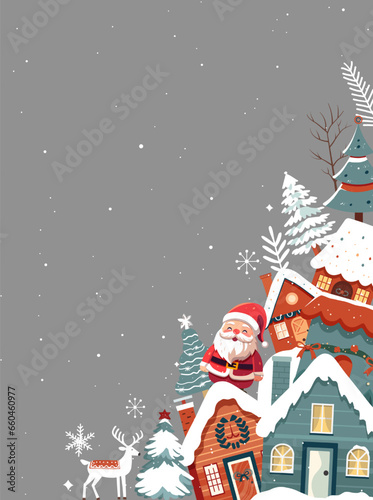 Christmas frame, poster with Santa Claus. Winter card with scandi houses, trees. New year Christmas design.