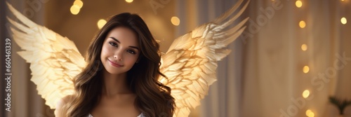 Beautiful Smiling Brunette Female Holy Golden White Angel Background - Woman Angel with Empty Copy Space for Text and Ads - Happy Young Woman Angel Wallpaper created with Generative AI Technology
