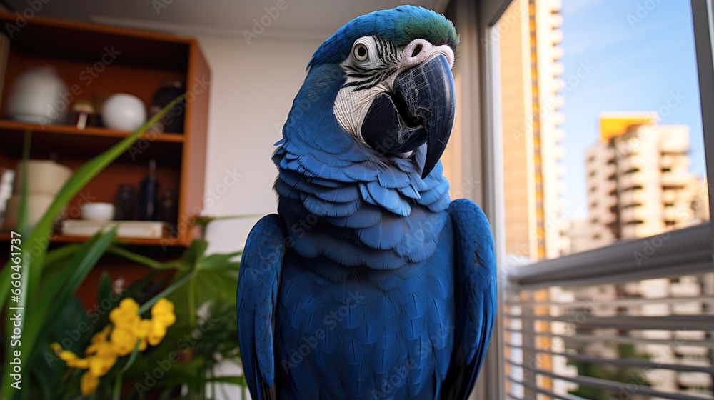 A stunning hyacinth macaw graces the apartment with its vibrant plumage and exotic charm. A stunning hyacinth macaw graces the apartment with its vibrant plumage and exotic charm.
