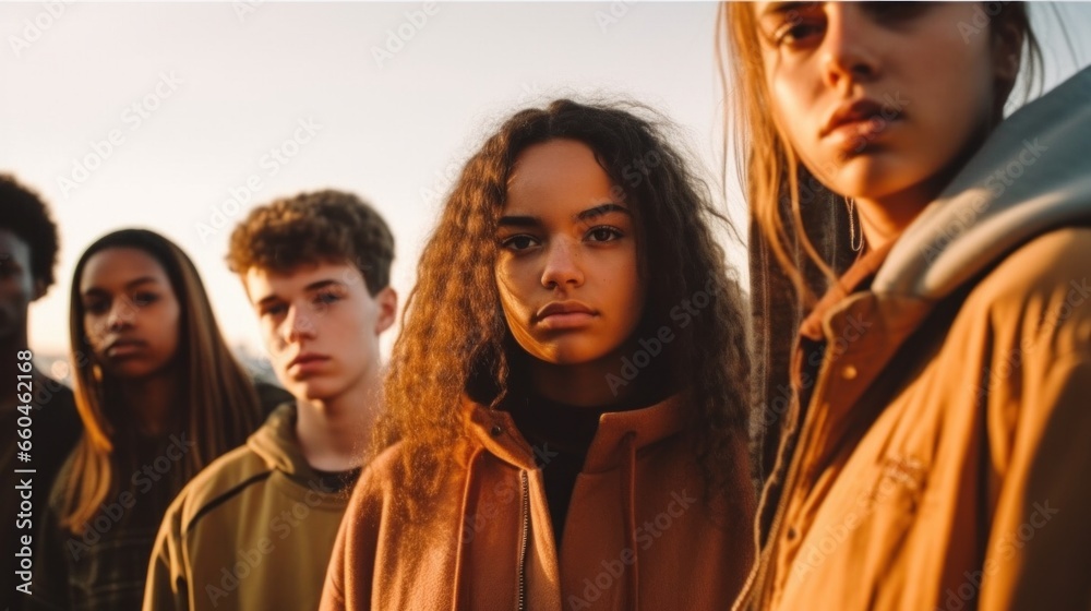 A group of young demonstrators pose in a city street setting. A group of young demonstrators pose in a city street setting.