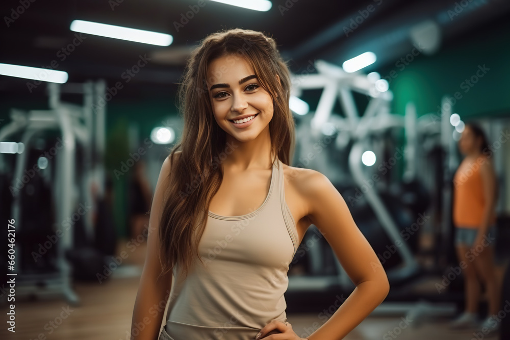 Smiling young woman wearing sport clothes posing at the gym