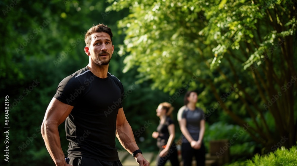 Fototapeta premium Man in a black shirt outdoors in a park. Perfect for personal trainers and fitness clubs.
