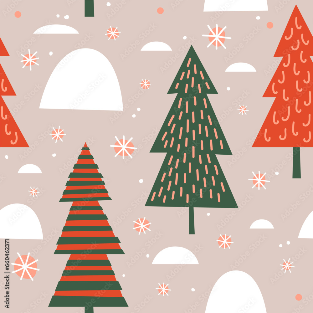 Seamless pattern with cartoon christmas trees and snowflakes on a background of snow drifts. New Year picture. Can be used to decorate holiday packages, wrapping paper, textiles. Vector illustration.